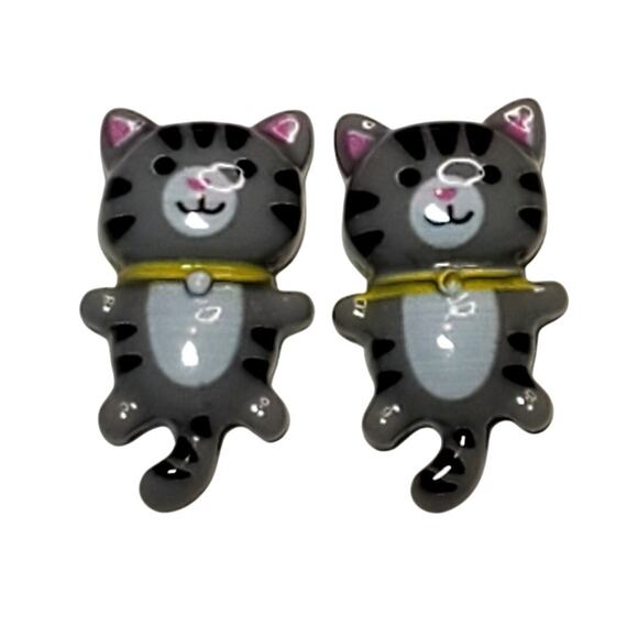 Adorable Gray Kittens Plastic Earrings Post Back Studs 1" Cat Lover - Picture 1 of 4